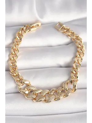 Pirinç Gold Renk Zirkon Taşlı Kalın Halka Model Kadın Bileklik