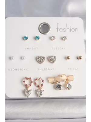  Altın Zirkon Taşlı Kalp Beyaz Mineli Fiyonk Figür 7 Çift Çelik Küpe Seti