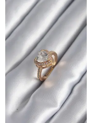  Altın Zirkon Taşlı Kalp Charm Model Çelik Yüzük