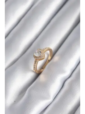  Altın Zirkon Taşlı Kalp Charm Model Çelik Yüzük