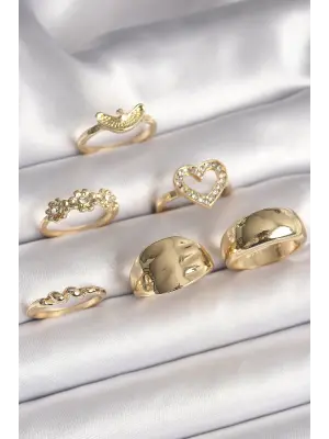  Altın Zirkon Taşlı Kalp Figür Çiçek Detay 6Lı Çelik Yüzük Seti