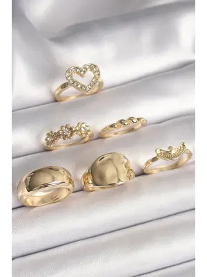  Altın Zirkon Taşlı Kalp Figür Kuş Detay 6Lı Çelik Yüzük Seti
