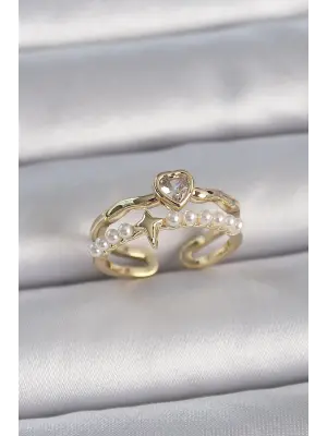  Altın Zirkon Taşlı Kalp İncili Yıldız Detay Ayarlanabilir Model Çelik Yüzük