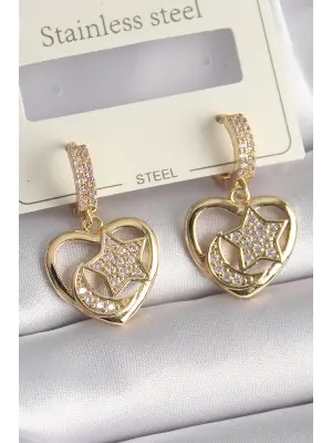  Altın Zirkon Taşlı Kalp Model Ay Yıldız İşleme Çelik Küpe