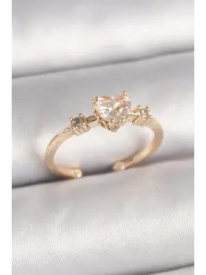 Pirinç Gold Renk Zirkon Taşlı Kalp Model Ayarlanabilir Kadın Yüzük