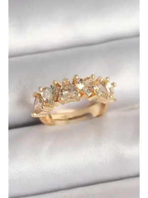 Pirinç Gold Renk Zirkon Taşlı Kalp Model Ayarlanbilir Kadın Yüzük