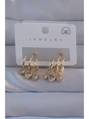  Altın Zirkon Taşlı Kalp Model Çoklu Görünüm Yarım Halka Küpe