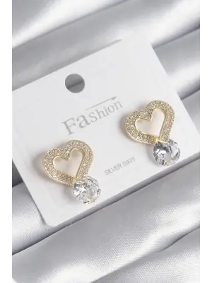  Altın Zirkon Taşlı Kalp Model Damla Zirkon Taş Detay Çelik Küpe