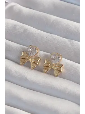  Altın Zirkon Taşlı Kalp Model Fiyonk Küpe