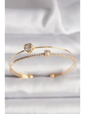 Pirinç Gold Renk Zirkon Taşlı Kalp Model Kadın Bileklik