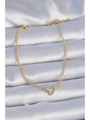 Pirinç Gold Renk Zirkon Taşlı Kalp Model Kadın Bileklik