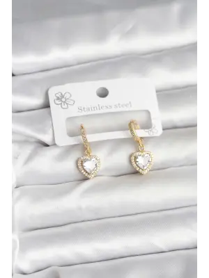 Pirinç Gold Renk Zirkon Taşlı Kalp Model Kadın Küpe