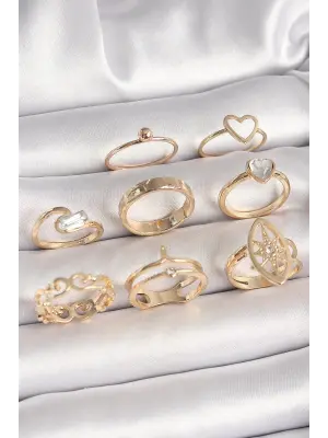 Pirinç Gold Renk Zirkon Taşlı Kalp Model Kutup Yıldız Detay Kadın Yüzük Kombini