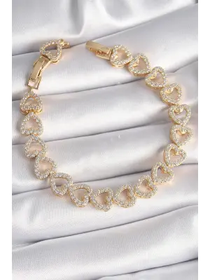 Pirinç Gold Renk Zirkon Taşlı Kalp Model VIP Seri Kadın Bileklik