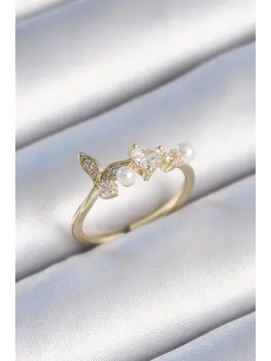  Altın Zirkon Taşlı Kalp Yaprak Model İnci Detay Çelik Yüzük