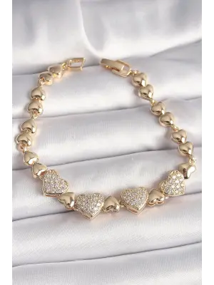Pirinç Gold Renk Zirkon Taşlı Kalp Zincir Model Kadın Bileklik