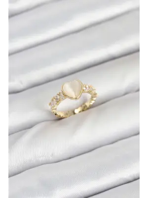 Pirinç Gold Renk Zirkon Taşlı Kalpli Kadın Yüzük