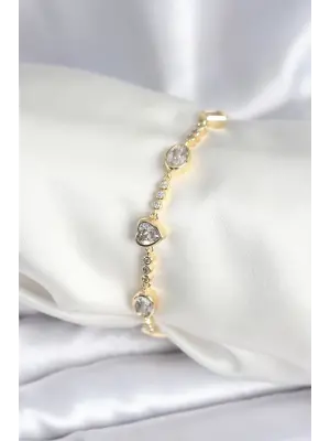 Pirinç Gold Renk Zirkon Taşlı Kalpli Model Kadın Bileklik