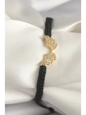 Altın Zirkon Taşlı Kanat Figür Asansörlü Makrome Çelik Kadın Bileklik