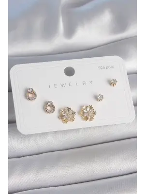 Pirinç Gold Renk Zirkon Taşlı Kar Tanesi Model 925 Ayar Gümüş Çivi Kadın Küpe Seti