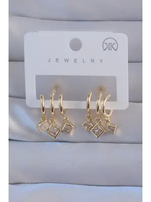  Altın Zirkon Taşlı Kare Model Çoklu Görünüm Yarım Halka Küpe