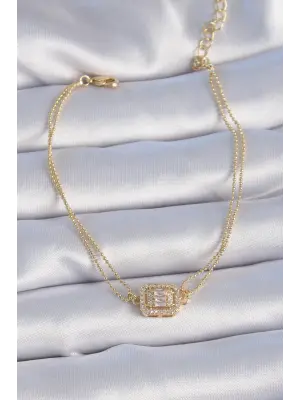 Pirinç Gold Renk Zirkon Taşlı Kare Model Kadın Bileklik