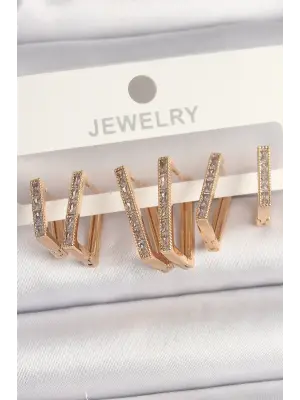 Altın Zirkon Taşlı Kare Model Çelik Küpe Seti