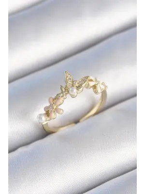  Altın Zirkon Taşlı Kelebek Çiçek Model İnci Detay Çelik Yüzük