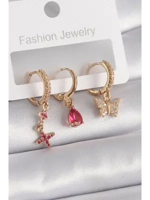  Altın Zirkon Taşlı Kelebek Damla Model Çelik Küpe