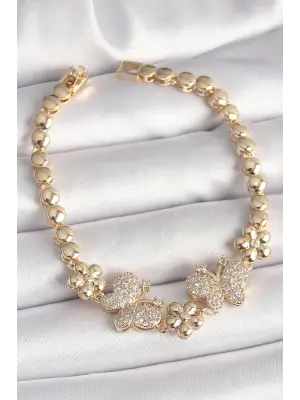 Pirinç Gold Renk Zirkon Taşlı Kelebek Figür Çiçek Zincir Model Kadın Bileklik