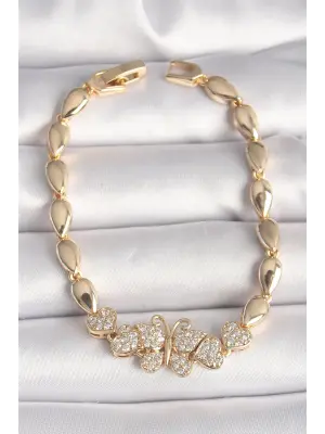 Pirinç Gold Renk Zirkon Taşlı Kelebek Figür Damla Zincir Model Kadın Bileklik