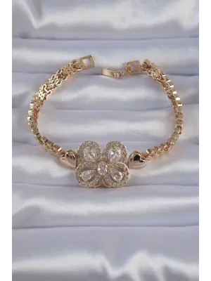 Pirinç Gold Renk Zirkon Taşlı Kelebek Figürlü Parçalı Model Bileklik