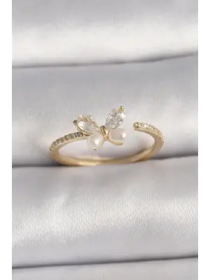  Altın Zirkon Taşlı Kelebek Mode İnci Detay Ayarlanabilir Yüzük