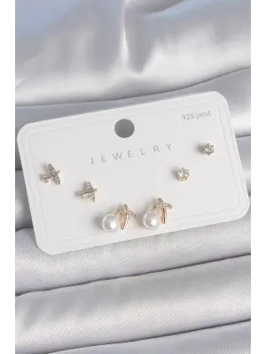 Pirinç Gold Renk Zirkon Taşlı Kelebek Model İnci Detay 925 Ayar Gümüş Çivi Kadın Küpe Seti