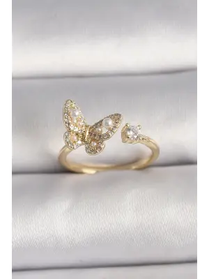  Altın Zirkon Taşlı Kelebek Model İnci Detay Ayarlanabilir Yüzük