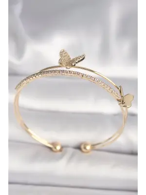 Pirinç Gold Renk Zirkon Taşlı Kelebek Model Kadın Bileklik