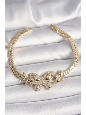 Pirinç Gold Renk Zirkon Taşlı Kelebek Model Kadın Bileklik
