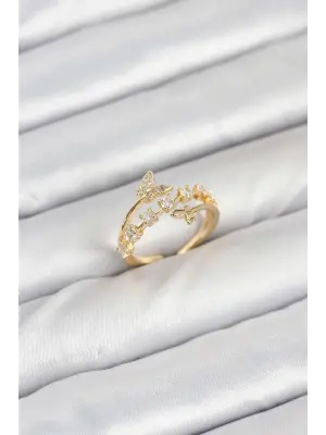 Pirinç Gold Renk Zirkon Taşlı Kelebek Model Kadın Yüzük