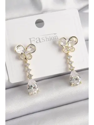  Altın Zirkon Taşlı Kelebek Model Sallantı Damla Zirkon Taş Çelik Küpe