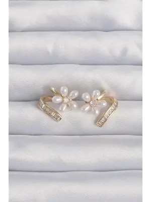  Altın Zirkon Taşlı Kıvrımlı İnci Çiçek Küpe