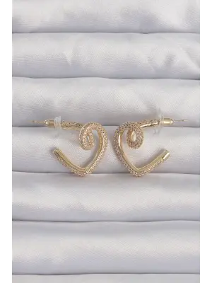  Altın Zirkon Taşlı Kıvrımlı Yarım Kalp Küpe
