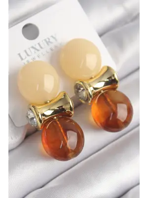  Altın Zirkon Taşlı Krem Turuncu Renk Doğal Taşlı Vintage Çelik Küpe