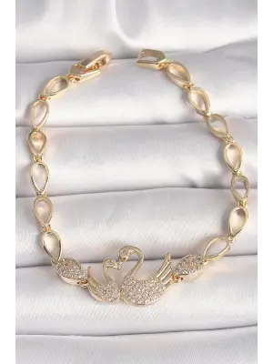 Pirinç Gold Renk Zirkon Taşlı Kuğu Figür Damla Zincir Model Kadın Bileklik