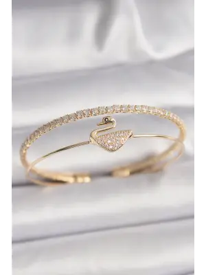 Pirinç Gold Renk Zirkon Taşlı Kuğu Model Kadın Bileklik