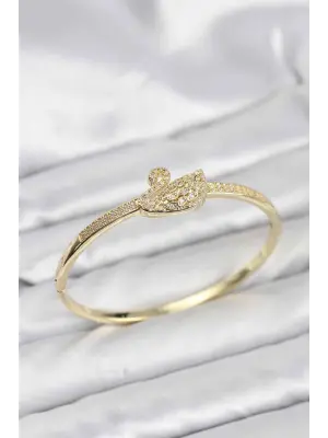 Çelik Gold Renk Zirkon Taşlı Kuğu Model Kadın Kelepçe Bileklik