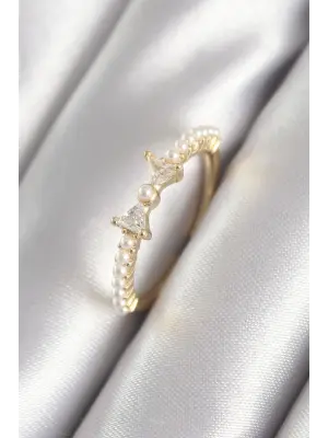  Altın Zirkon Taşlı Kurdele İnci Detay Çelik Yüzük