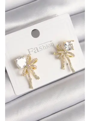  Altın Zirkon Taşlı Kurdele Model Çelik Küpe