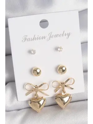 Pirinç Gold Renk Zirkon Taşlı Kurdele Sallantılı Kalp Model 3 Çift Kadın Küpe Seti