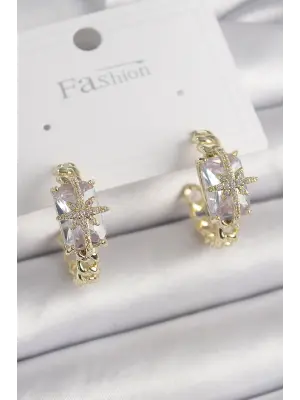  Altın Zirkon Taşlı Kutup Yıldızı İşlemeli Çelik Küpe