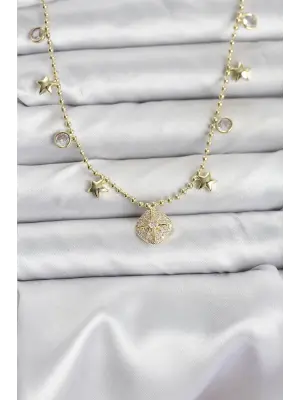 Pirinç Gold Renk Zirkon Taşlı Kutup Yıldızı Model Kadın Kolye